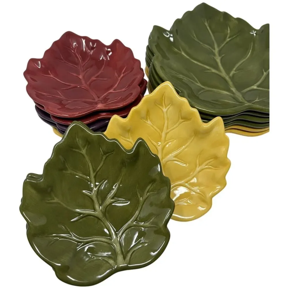Tabletops Lifestyles Fruit Medley Leaf Plates Set 14 Hand Painted Ceramic